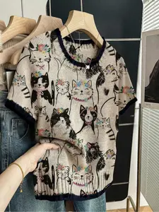 Cartoon Cat Print Round Neck Sweater Pullover, Casual Short Sleeve Knitwear for Spring Summer Fall, Comfortable Warm Women's Clothing Top Womenswear