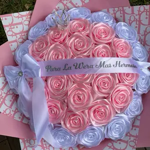 Eternal Rose Bouquet - Pink & White Roses with Ribbon and Crown Accent Custom Message Ribbon Para La Wera Mas Hermosa