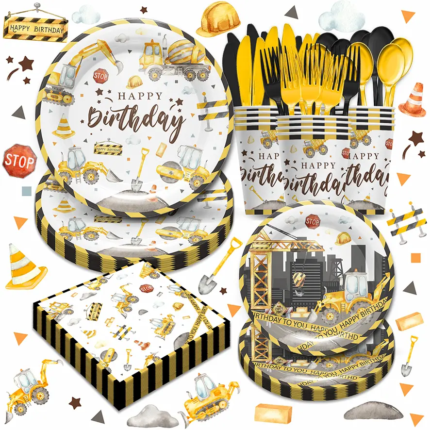 168pcs Construction Truck Birthday Party Supplies，Gathering Tractor Dump Truck Tableware Set With Paper Plates ,Cups And Napkins，Knives, Forks, Spoons For 24 Guest