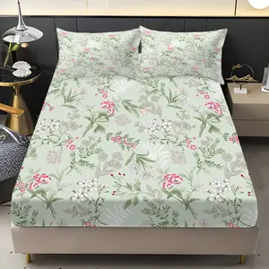 Three pieces with fresh pink and white floral patterns in green tones Print Fitted Sheet Set, 1 Fitted Sheet + 2 Pillowcases, Casual Home Bedding, Bedroom or Guest Room Use, Bed Sheets Set