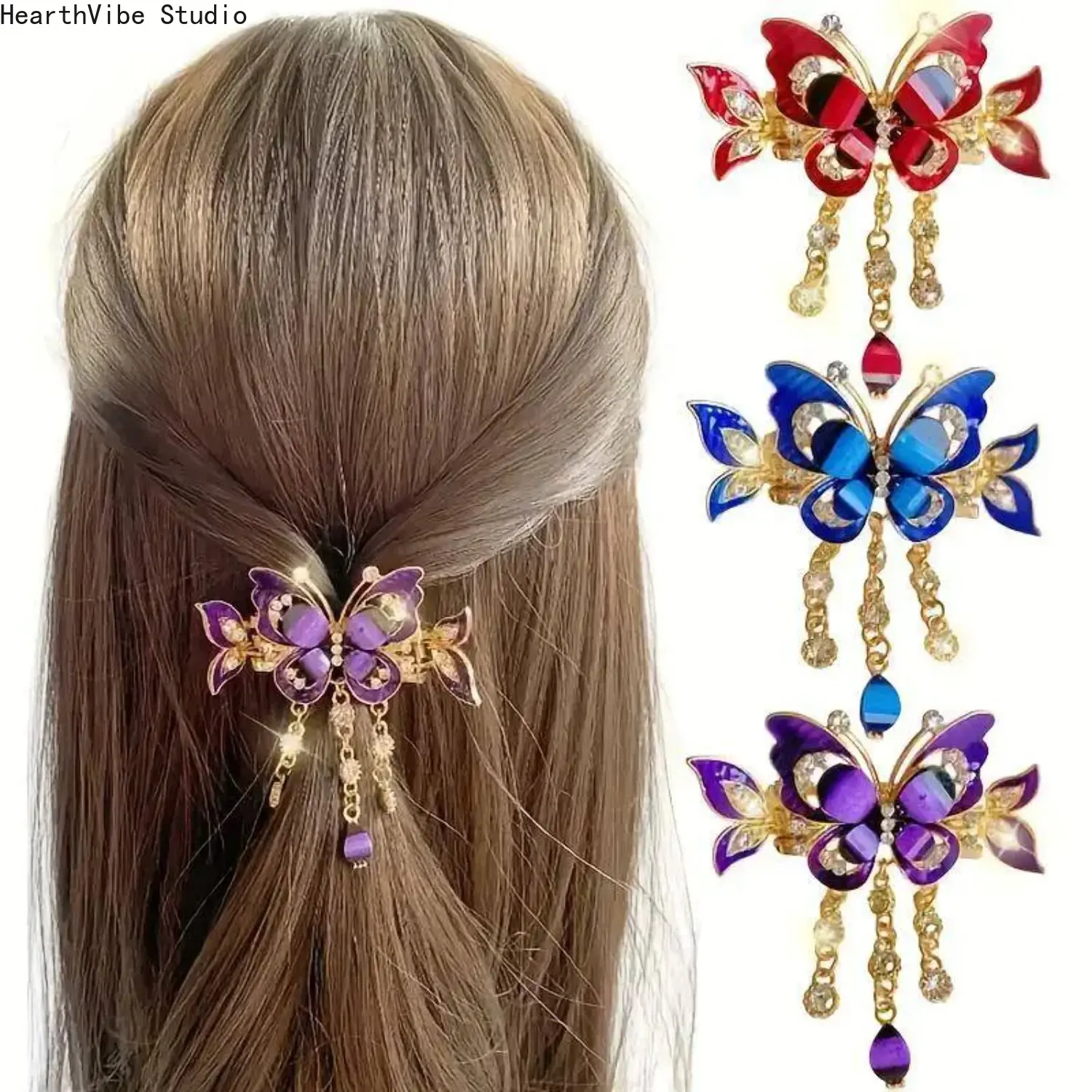 3pcs Bohemian Butterfly Tassel Hair Clips with Rhinestones - Vintage-Inspired Alloy Hair Accessories for Women, Elegant Hairpins for Updos, Ponytails & Buns, No Power Needed, Hair Accessories for, Bunmaking Accessories, Bohemian Style, Rhinestone Embelli
