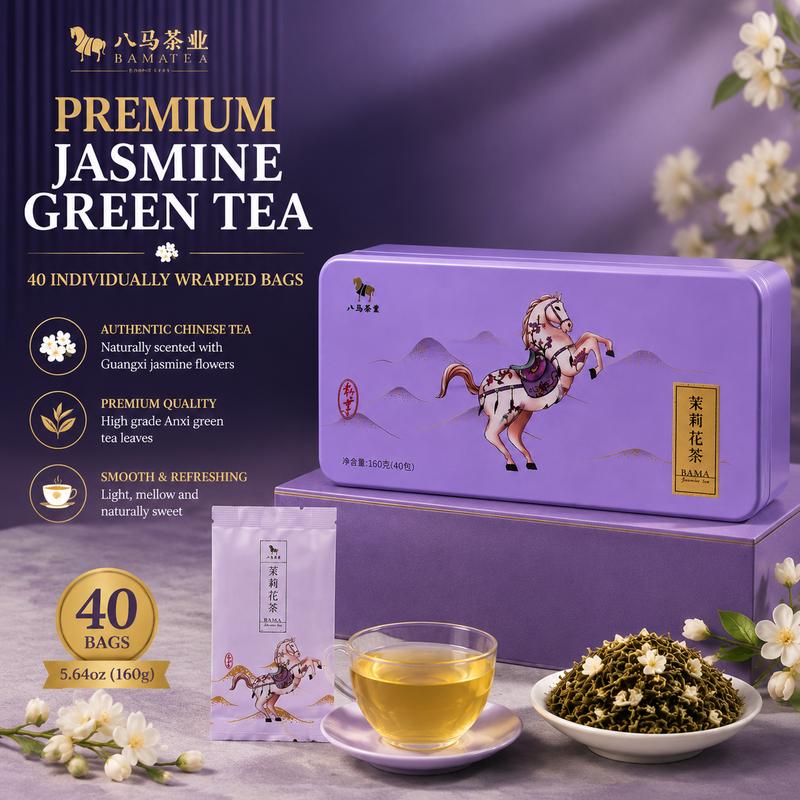 BAMATEA Premium Jasmine Green Scented Tea, 40 Individual Bags (5.64 oz) - Authentic Chinese Jasmine Blend, Natural Floral Sweet Aroma, Sugar-Free, Fat-Free, Relaxing Daily Beverage, Elegant Gift for Tea Lovers