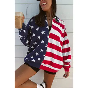 Multicolour Stars Stripes American Flag Zipped Collar Oversized Sweatshirt