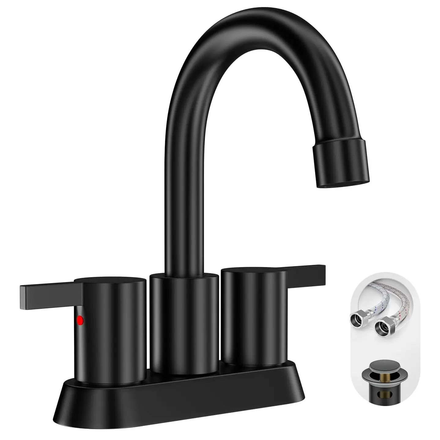 Matte Black 4-Inch 2-Handle Centerset Lead-Free Modern Bathroom Faucet Set - Rust-Resistant Nylon & SS, Plastic Build, 360° Swivel Spout, 2-3 Hole Fit for RV Vanity Sink, Pop Up Drain, Water Supply Lines, Easy Install, Easy to Clean