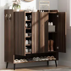 Large 3-Door Shoe Cabinet with Adjustable Shelves & Hooks, 6-Tier Wooden Shoe Organizer for Entryway Hallway, Holds 30+ Pairs