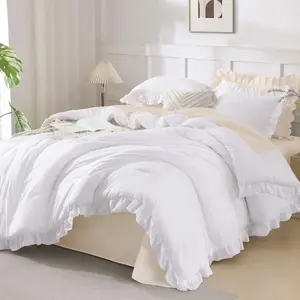 White Comforter Queen Size, 3 Pieces Ruffle Farmhouse Queen Comforter Sets, All Season Lightweight Room Decor Bed Set for Girls Teens Gift Choice