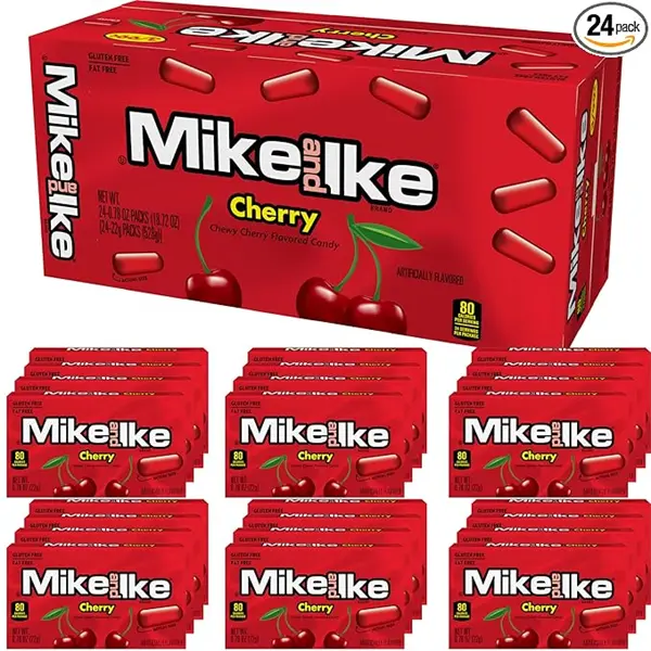 MIKE AND IKE Cherry Flavor Gummies, 0.78 oz Box (Pack of 24), Strawberry Candy, Low Fat Sugar-Sweetened Corn-Free Chewy Snack for Vending Machines