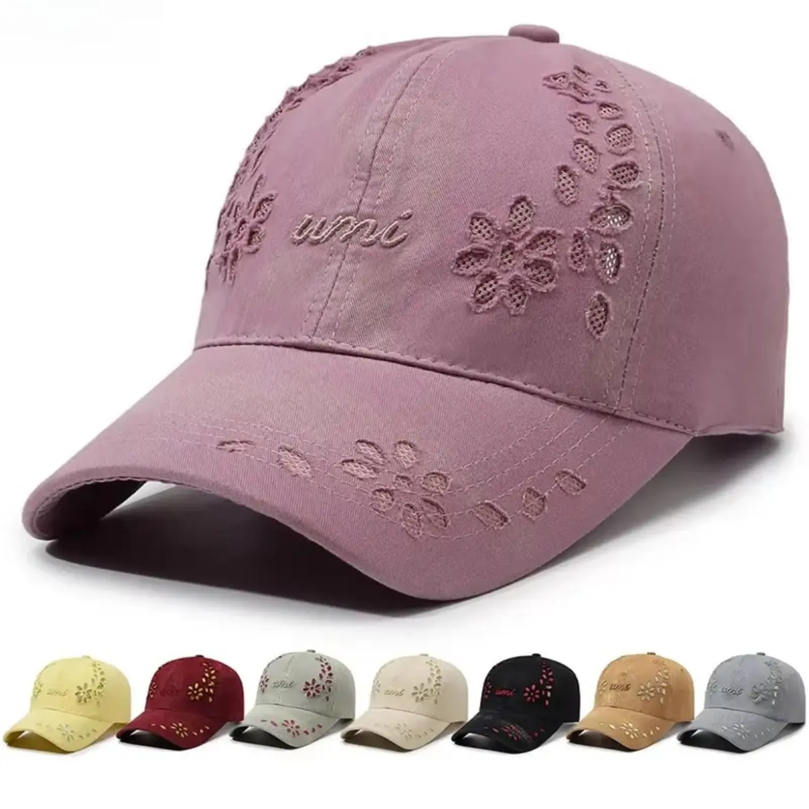 Women's Summer Vintage Washed Cotton Baseball Hats - Hollow Flower Embroidery, Adjustable, Distressed Dad Hats for Daily Outdoor Use (Bag Accessories)