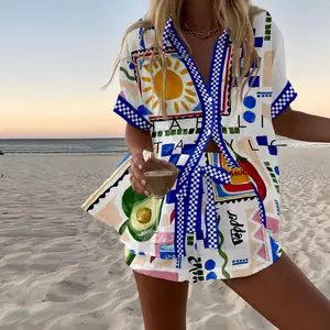 Stylish Two-Piece Set: Mexican Folk-Style Printed Casual Outfit — Geometric Patterned Two-Piece Ensemble with a Vibrant Beach Vacation Vibe (Sizes S–5XL)