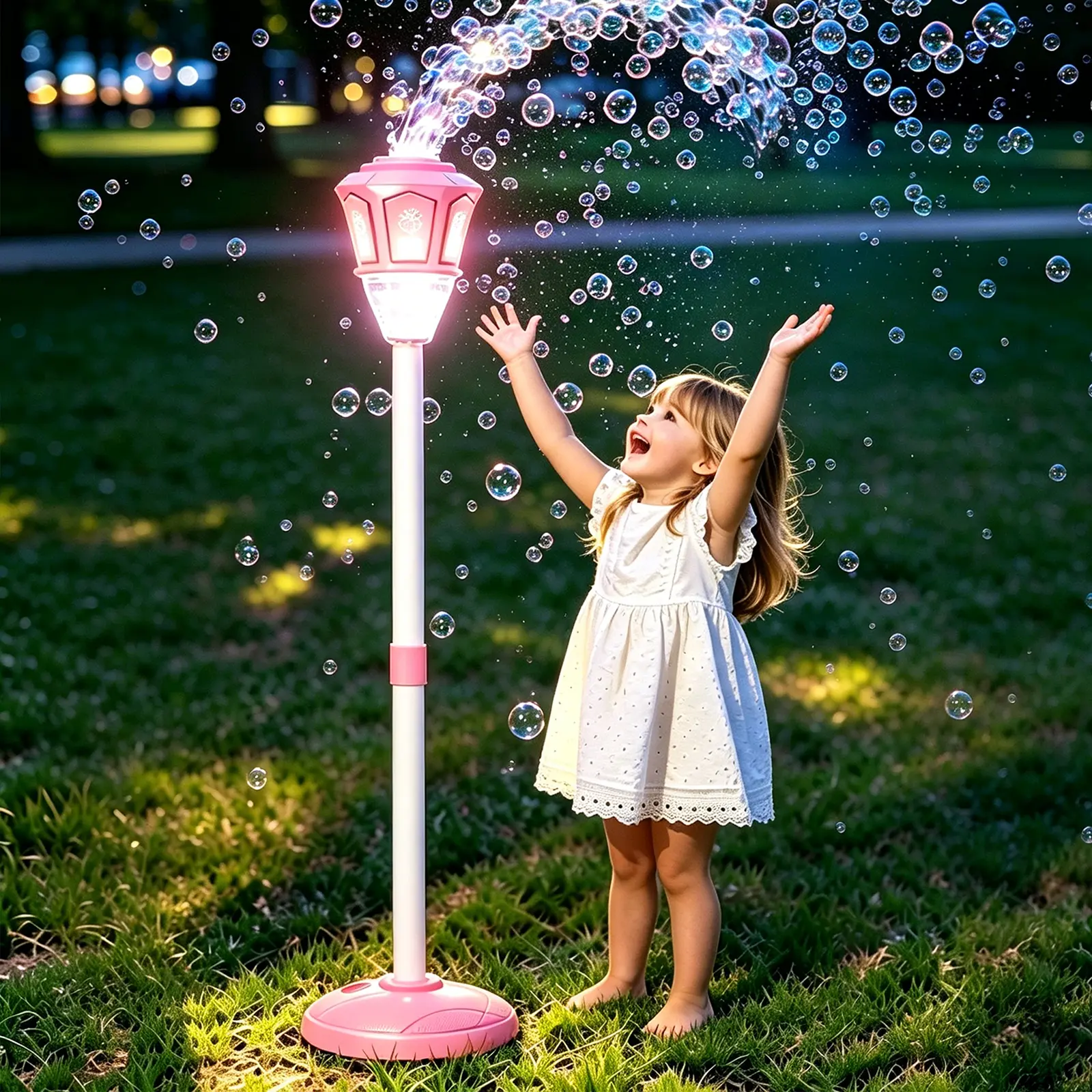2026 Upgraded Adjustable Standing Bubble Machine Tower, 21-47" Height Adjustable Light Up Bubble Maker with Built-in Music, Rechargeable Portable Bubble Toy for Kids Backyard Event Holiday Decor