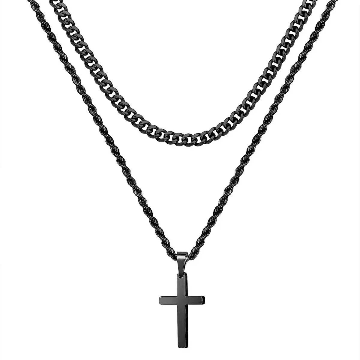 Unisex Retro Hip-Hop Double Chain Necklace, Casual Personality Simple Daily Multicolor Cross Pendant Artificial Gemstone Jewelry, Cross Chain Design, Metal Coating