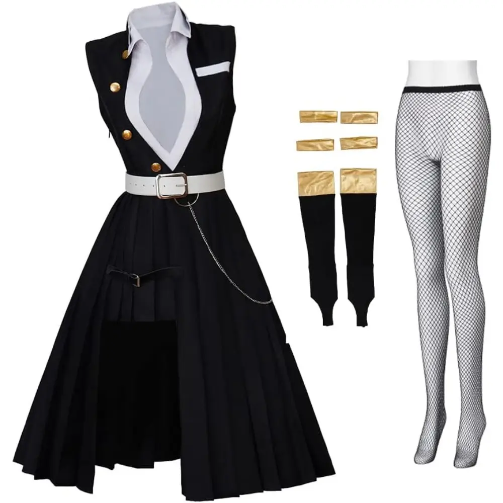 Women's Uzui Tengen Cosplay Costumes - Black Metal Button Evening Dress Suit with Elegant Fabric, Hip-Flattering Statement Design, Anime Halloween Costume, Demon Slayer Costumes
