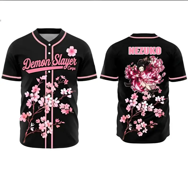 BaseMode Nezuko Cherry Blossom Demon Slayer Baseball Jersey Anime Cosplay Unisex Kimetsu No Yaiba Otaku Gift Loose Fit 100% Polyester