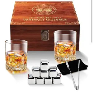Whiskey Glasses Set - Birthday and Retirement Gifts for Men - 2X Exquisite Glasses,8 x Stainless Steel Cooling Stones,Handcrafted Engraved Box,Ice Serving Tongs,and Velvet Bag