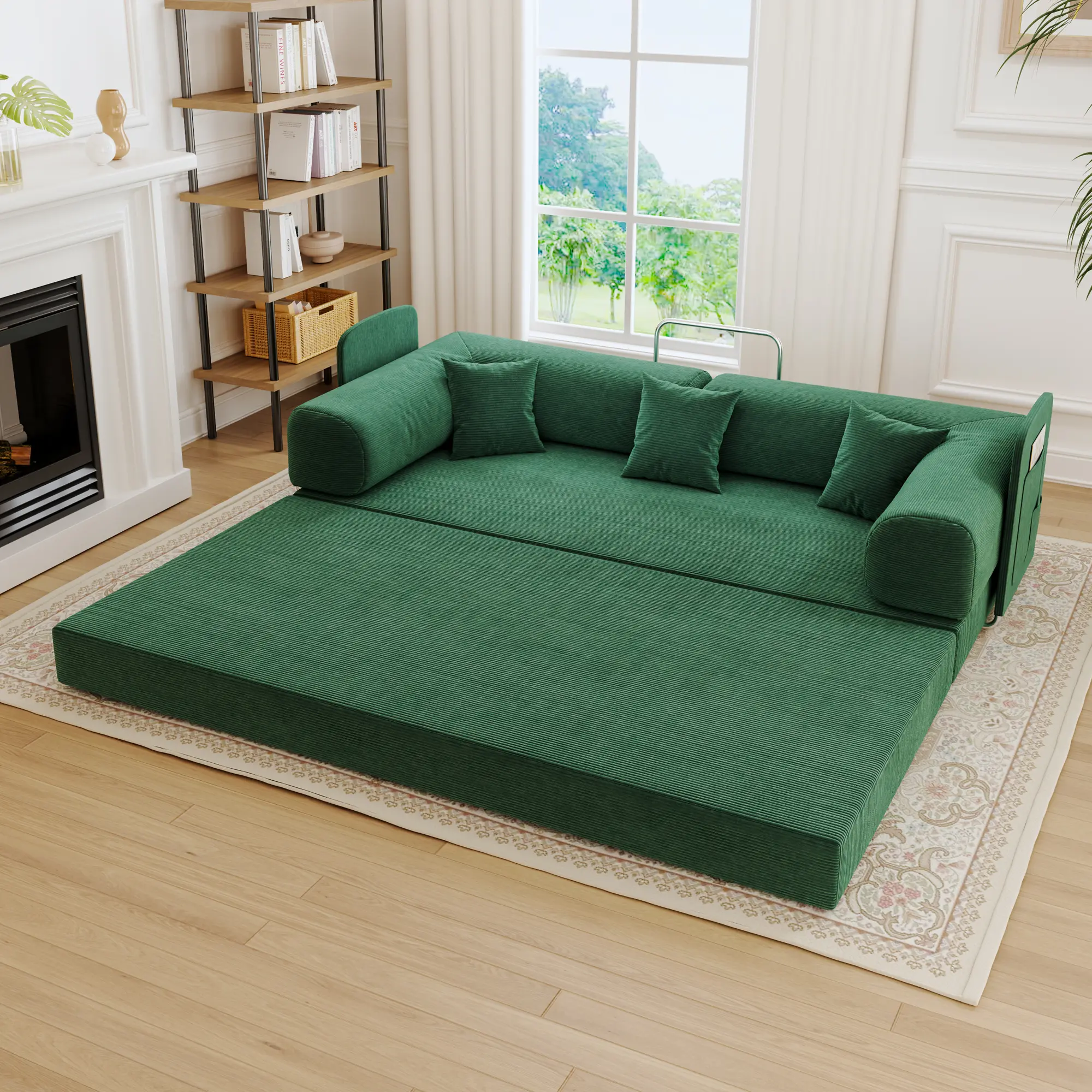 Back to School Flash Sale Green Corduroy Convertible Floor Sofa Bed with Pillows & Cushions, Premium Sponge Multi-Functional Foldable Sofa Bed, Cozy Dorm & Living Room Guest Sofa