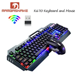MAMBASNAKE K670 Wireless Membrane Gaming Keyboard and Mouse Combo,104 full Keys Rainbow LED Backlit Rechargeable Keyboard,with Metal Panel,Mute Mouse RGB 7 Backlits,for PC Mac