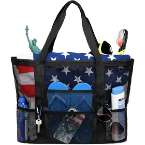 F-Color Mesh Beach Bag Family - Beach Tote 9 Pockets Beach Towel Bag F-color