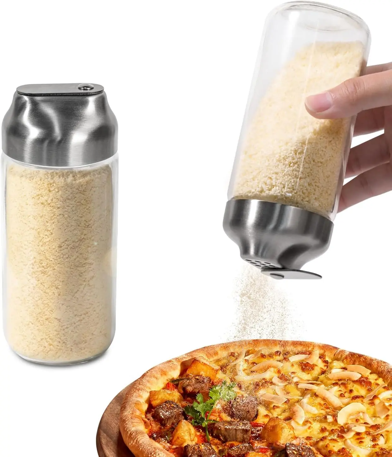 Aelga Cheese Shaker Perfect for Sugar, Salt, Pepper Flakes, 12 oz, Glass | Plastic-Free Design Parmesan Cheese Sugar Container with Adjustable Large Holes, Glass Bottle & Stainless Steel Lid