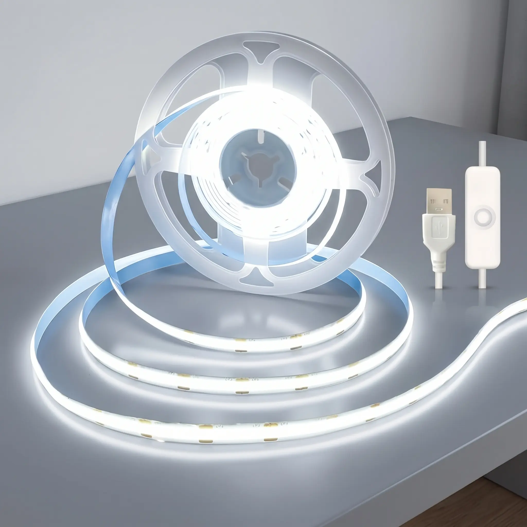 16.5FT 5M COB LED Strip Light Pure White Flexible USB Switch Accent Lighting for TV Monitor Backlight DIY Decor