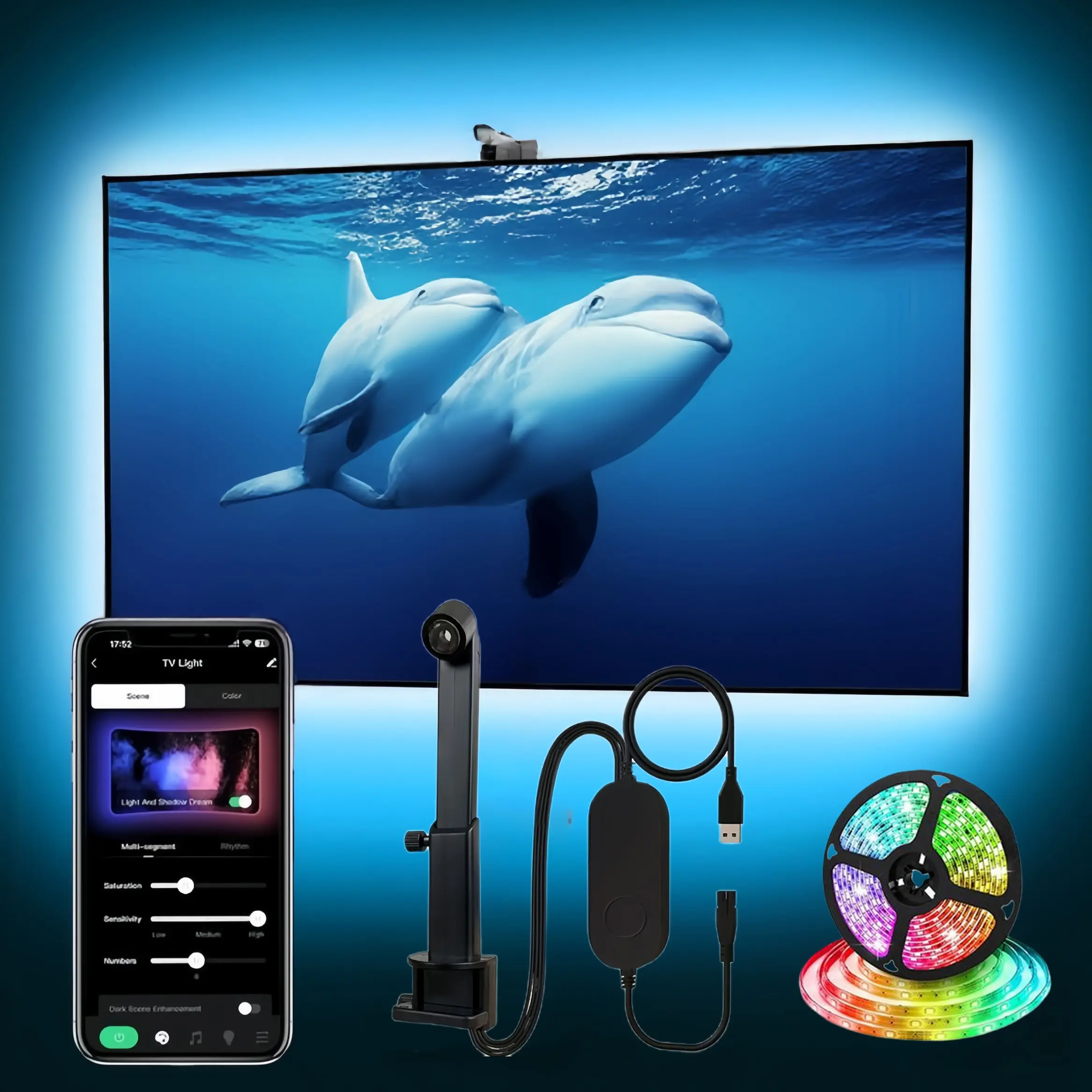 USB TV LED Backlight, Smart TV LED Backlight with CameraLED Strip Lights Sync to Screen & Music, Color Changing Lights for TV, RGB-IC Color Changing LED Light Strip, LED Lights for Home Theater, Adjustable Brightness, Color Changeable Led