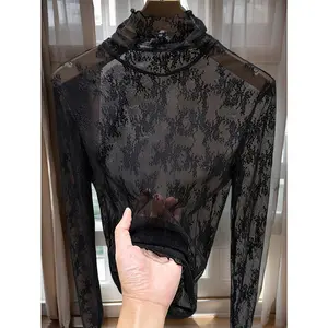 Sexy Turtleneck Sexy Black High-Neck Lace Turtleneck Tee | Women's Sheer Mesh Top, Polyester Blend, Regular Length, Spring/Autumn Fashion, Lace Detail, Knit Fabric
