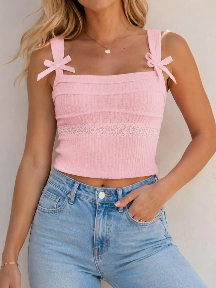Women's Bow Strap Square Neck Smocked Crop Cami Top, Trendy Y2K Summer Casual Tank Tops for Women Cute Fit