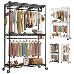 Heavy Duty Rolling Garment Rack 3-Tier Adjustable Metal Shelves Hanging Rods Side Hooks Mobile Clothing Storage Closet with Wheels Black