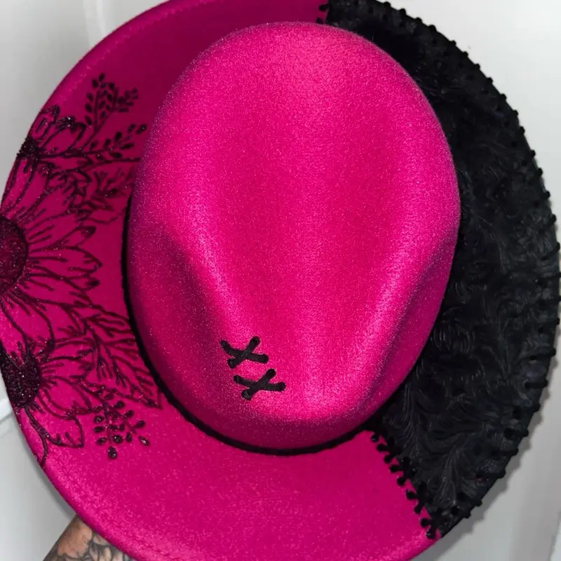 Hand Burned Hat with Leather Accent One of a Kind Size L/XL 24" Pink Floral Design Black Trim