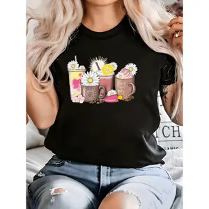 Women's Sunflower Coffee Graphic Printed Short Sleeve Crew Neck T-Shirt 100% Cotton Casual Summer Top