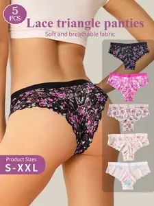 5-Piece Women's Floral Print Lacy Panties Underwear Set, Contrast Lace Design, Casual Fitted Style, All-Seasons Wear, Comfortable & Stylish