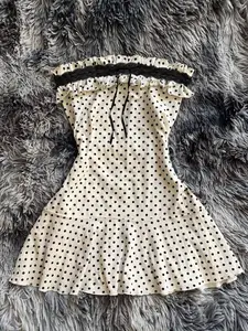 JADEE Women Frill Trim Polka Dot Print Contrast Lace Strapless Mini Dress