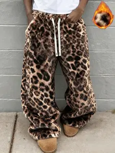 Tiktok Trendy Leopard Print Fleece Pants, Warm Soft Plush, Loose Wide Leg, Perfect for Winter, Casual Home Wear, Stylish Outer Layer