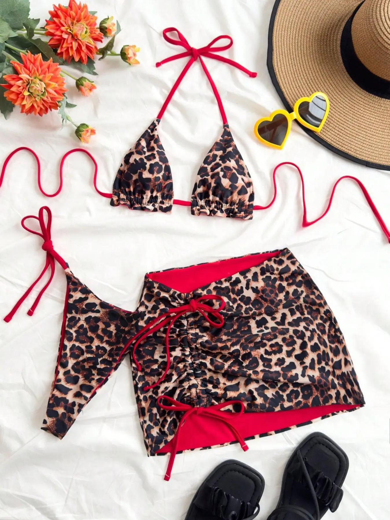 New Women's Leopard Print Bikini Set, Three-Piece Swimsuit, Strapless Top and Triangle Bottoms, Summer Beachwear, Sexy Bathing Suit, Swimwear Sets