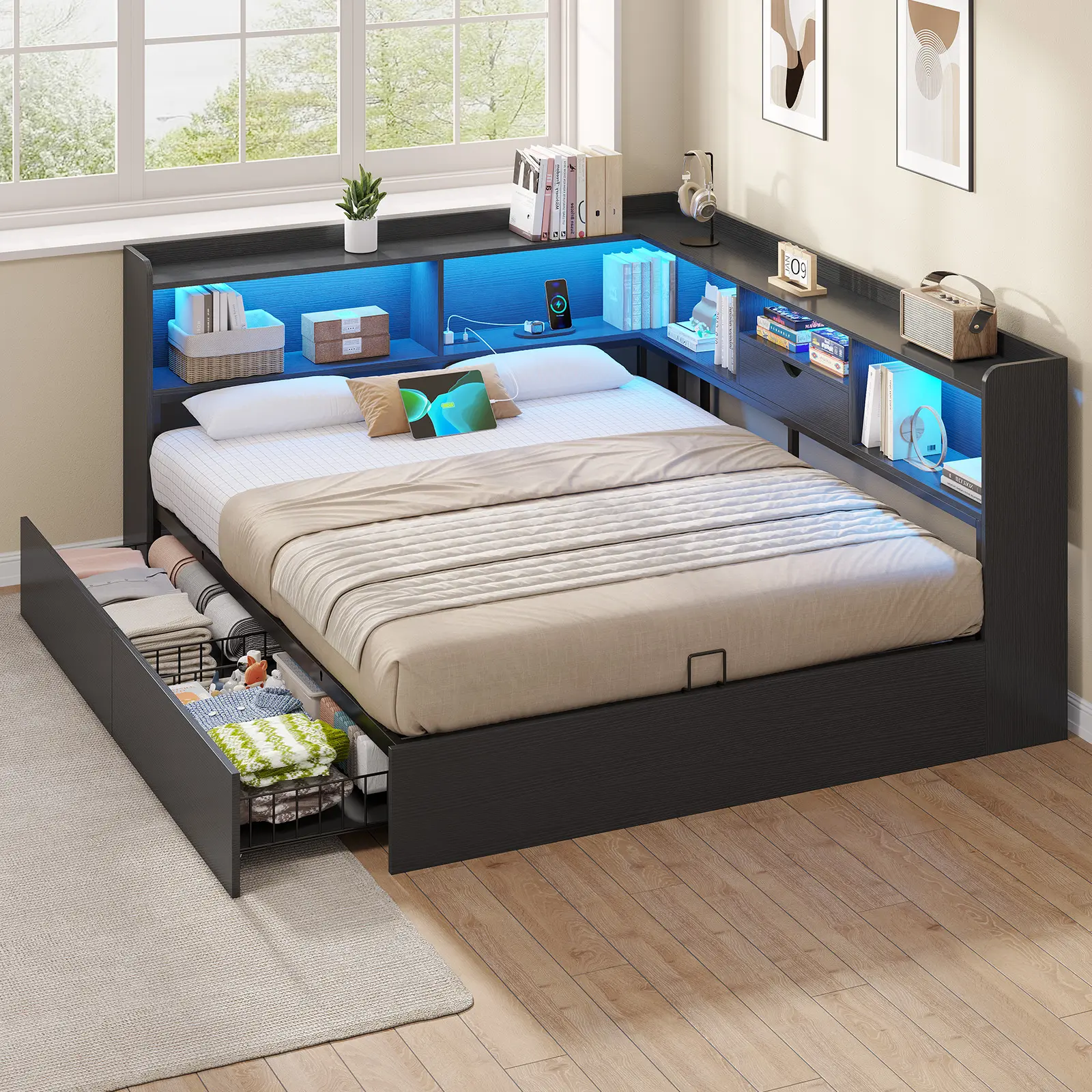 Hasuit Twin/Full/Queen Corner Bed Frame with Storage Drawers and Bookcases, Wood Daybed with Charging Station and LED Lights, Wood Bed Frame for Kids, Teen, No Box Spring Needed