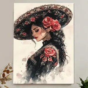 Elegant Lady on Mexican Hat - Wooden Frame Canvas Art Print, Vibrant Floral Design, Perfect for Living Room, Bedroom, or Bathroom Decoration, Versatile Room Decor | Vibrant Figure Painting Art | High-quality canvas material, Mexican home decor