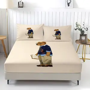 Solid color teddy bear pattern bed sheet, comfortable printed pattern, Bed Sheets Set, including 1 bed sheet and 2 pillowcases, comfortable bedding, anti slip dust cover suitable for bedrooms and guest rooms, suitable for children or adults as gifts