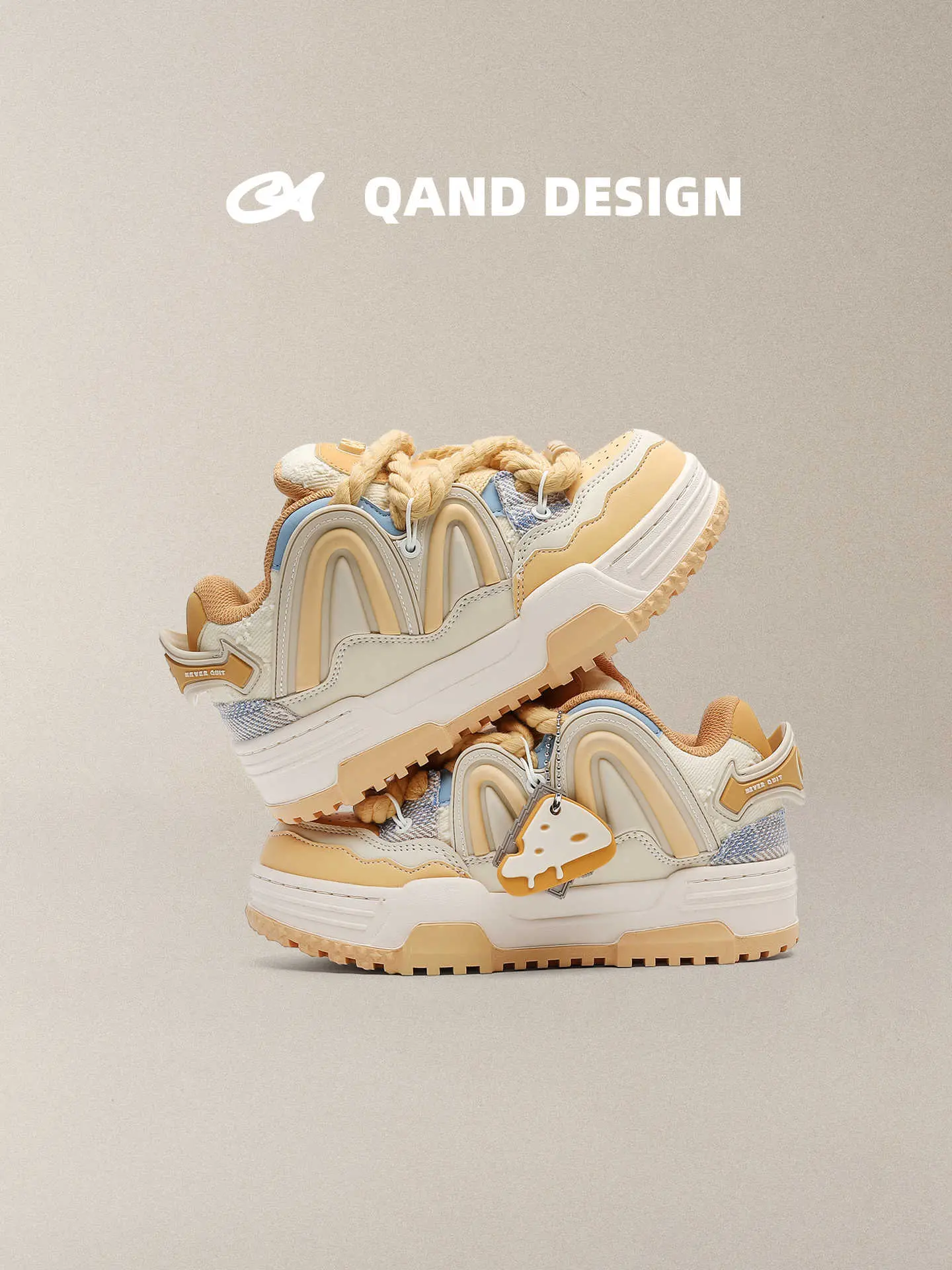 Q-AND 2026 New Cheese Yellow Women's Low Top Casual Sneakers - Thick Rope Laces, Cheese Pendant Decor, Trendy Chunky Trainers, Footwear, Low Top Trainer