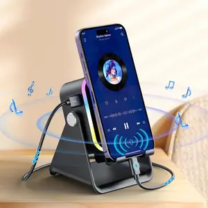 Wireless Induction Audio Speaker Stand, 5in1 Cellphone Holder, 3500mAh Rechargeable Emergency Power Bank,360° Adjustable Mobile Tablet Stand with Colorful Ambient Light Gifts for Men Women Mothersdaygift SummerVibes