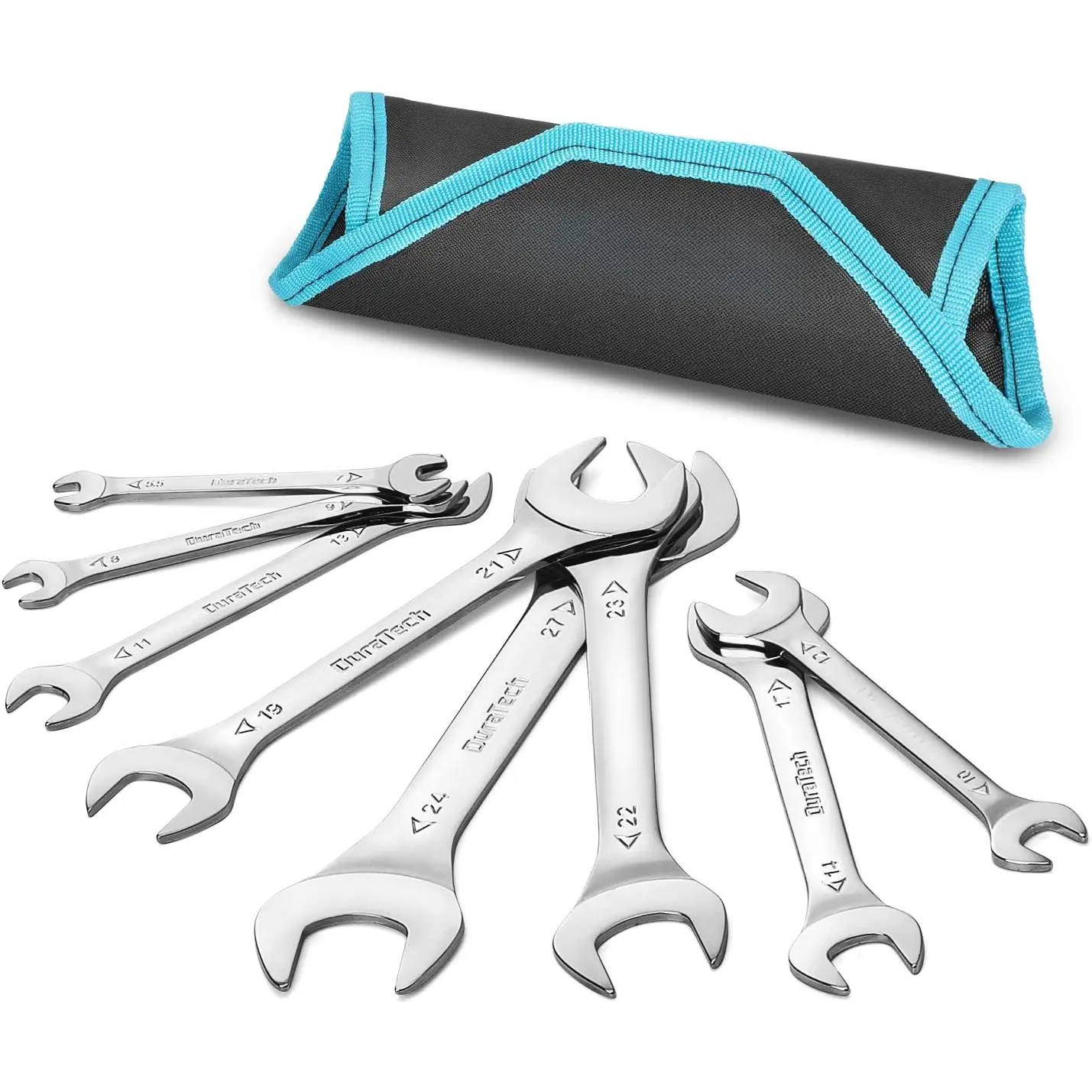Super-Thin Open End Wrench Set, Metric, 8-Piece, Including 5.5, 7, 8, 9, 10, 11, 12, 13, 14, 17, 19, 21, 22, 23, 24, 27 mm, Slim Spanner Set with Rolling Pouch