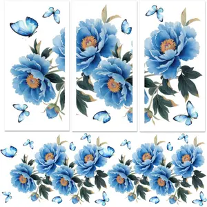 3 Sheet Blue Peony Flower Furniture Decals, Cabinet Stickers for Dresser Drawer Kitchen Vanity Farmhouse, Removable Vinyl Stickers, Easy Peel and Stick, Large Pattern