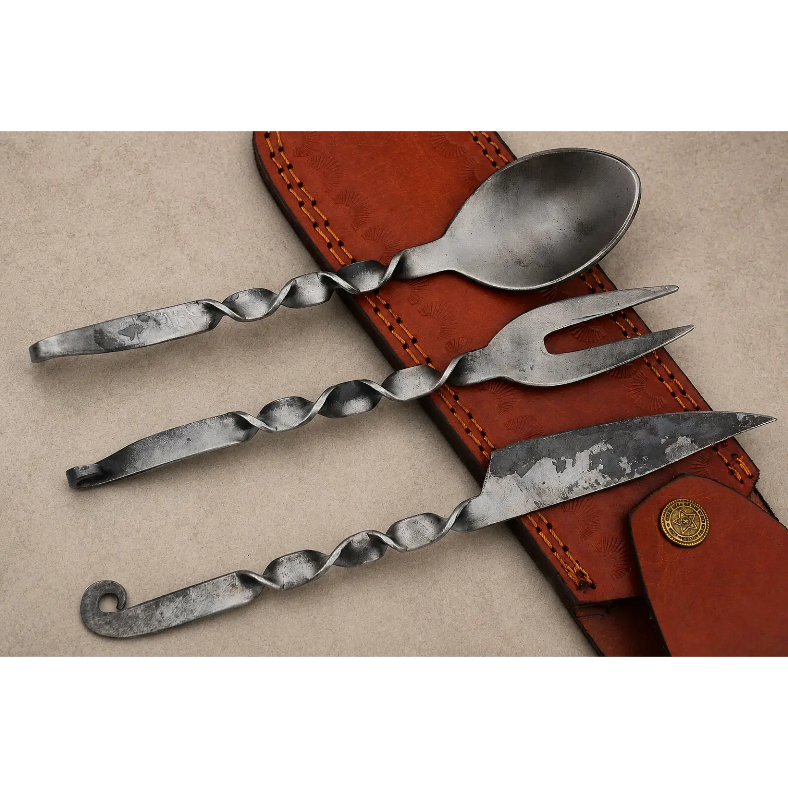 3-Piece Hand Forged Medieval Feasting Utensil Set, Kitchenware Cutlery with Leather Pouch