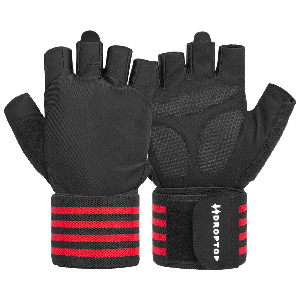 DROPTOP Weight Lifting Gloves for Men & Women Wrist Support Gym Workout Gloves - Black and Red Stripes
