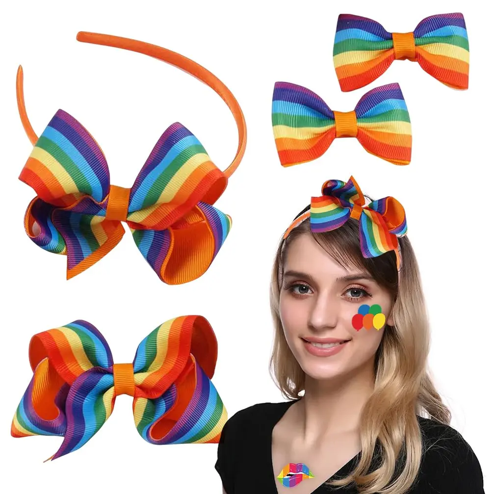 4pcs Rainbow Hair Headband Pride Day Hair Bow with Clip Candy, LGBTQ Hair Hoops Pride Accessories-Prides for Women Girls Rainbow Accessories for Party