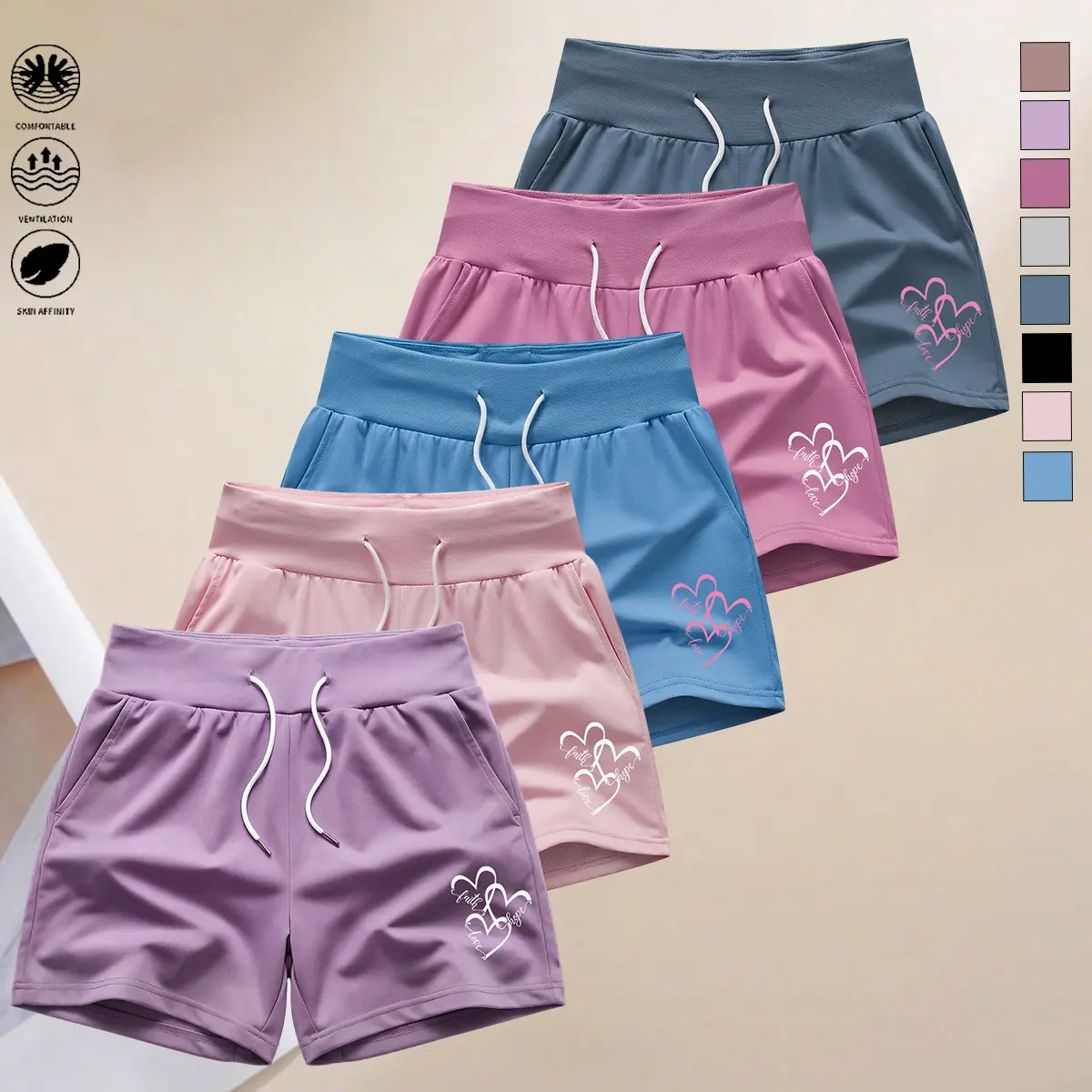 Summer vacation shorts 5-pack for women, elastic waistband, adjustable drawstring fit, soft and comfortable—ideal for beach vacations, gym workouts, and home wear. Summer shorts, women's shorts. summer vibes