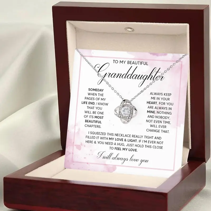 To My Beautiful Granddaughter Necklace - Love Knot Pendant with 6mm Cubic Zirconia & Adjustable Chain - Perfect Gift for Birthdays, Anniversaries, Graduations, Weddings, Valentines, Christmas