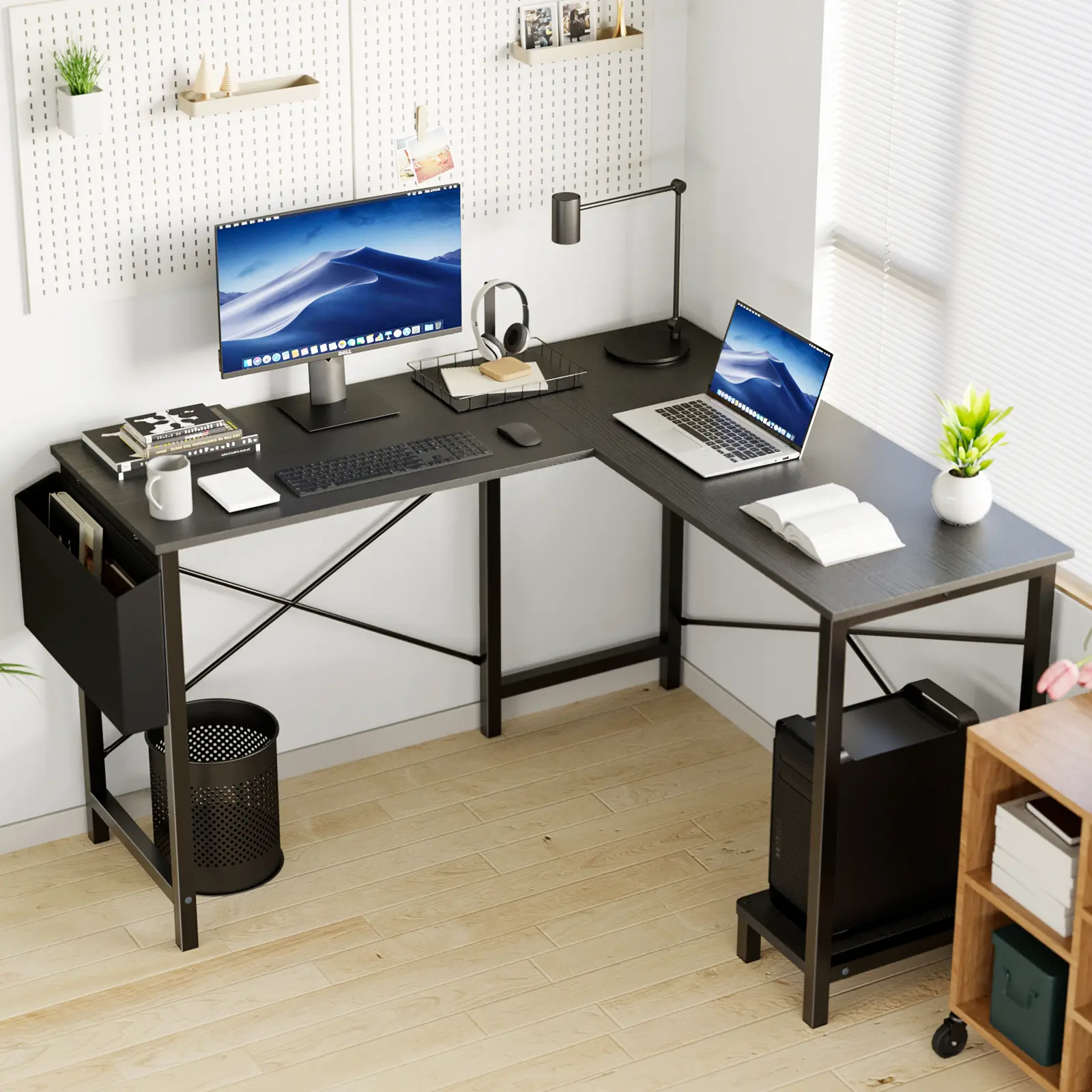 L Shaped Computer Desk with Wooden Desktop CPU Stand and Side Bag - Gaming Table Corner Desk for PC Writing Study Home Office Dorm Small Space - Desk with Reversible Design