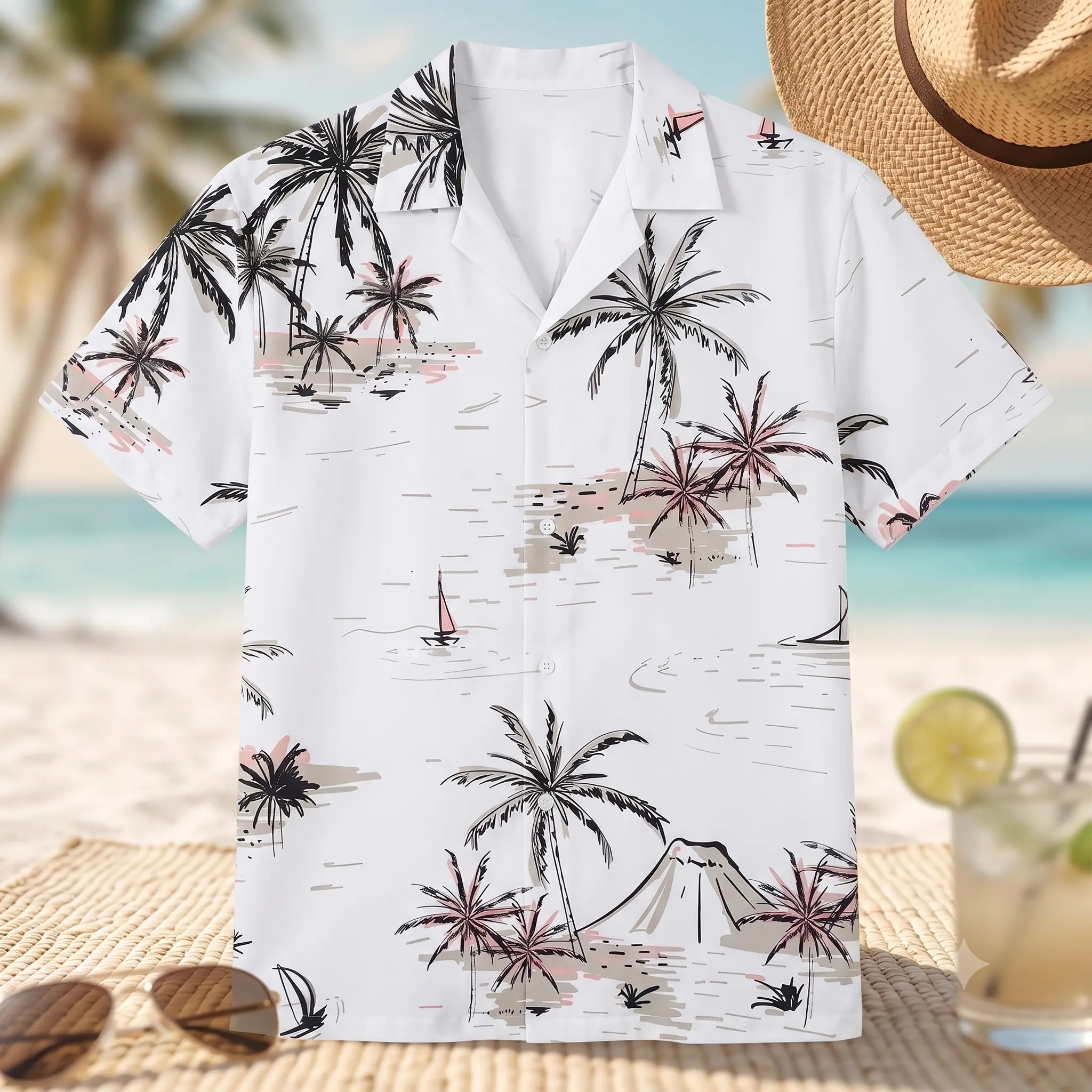 Men's Hawaiian Beach Print Button Down Shirt | Tropical Island Palm Tree Aloha Shirt | Casual Short Sleeve Vacation Beach Resort Wear | 65% Polyester 35% Cotton