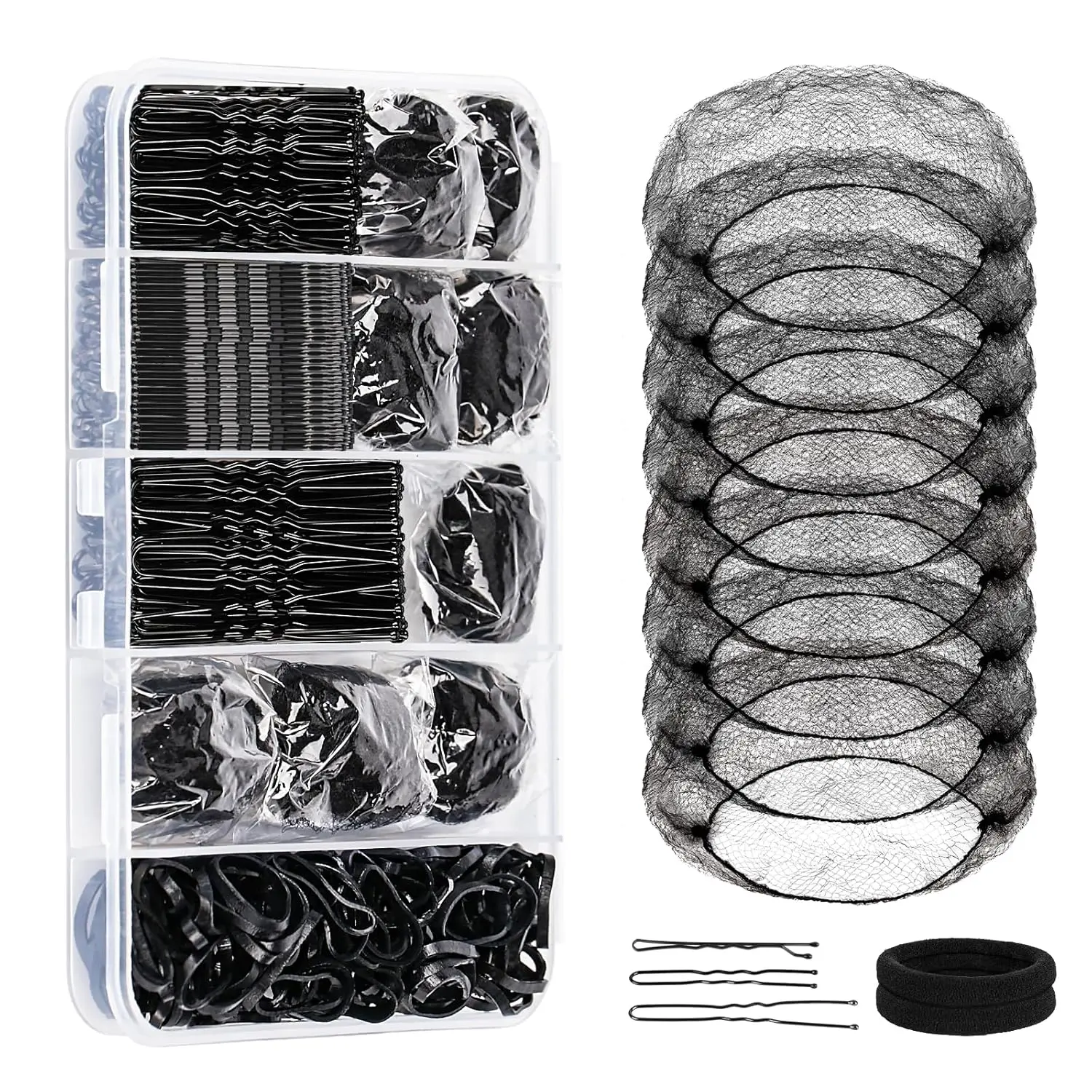 Hair Pins and Hair Net for Buns,Dance Hair Accessories Kit with 100 U-shaped Pins, 50 Bobby Pins, 100 Elastic Rubber Bands, 8 Invisible Hair Nets,2 Hair Ties for Dance Competitions,Black