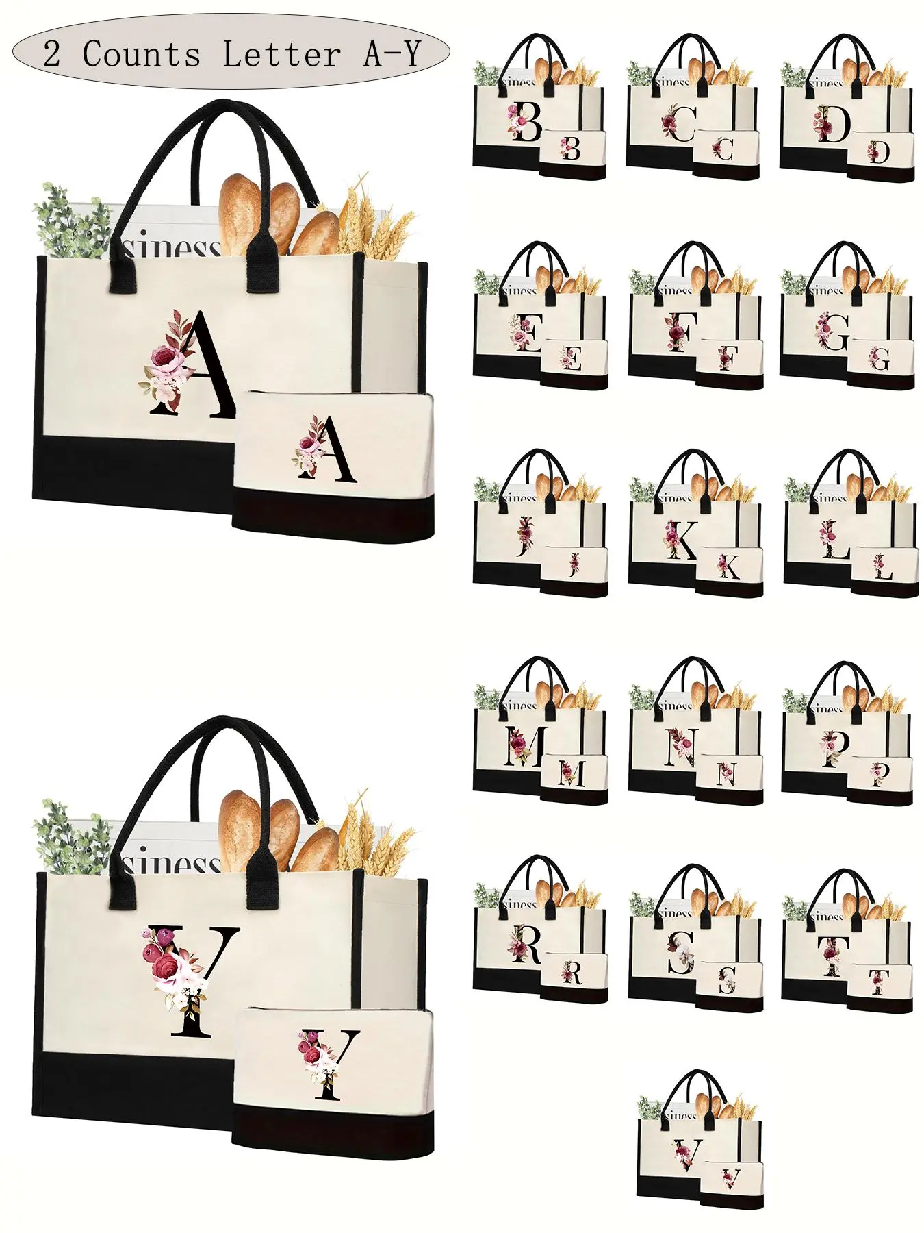 Personalized Letter Print Canvas Tote Bag for women,Handbag & Makeup Bag Set,  Foldable eco-friendly large-capacity shopping bag, Beach and Travel bag, Creative Design Bag,Birthday Gifts for Mom Grandma Sister | Ideal for Valentine Mother's Day Christmas