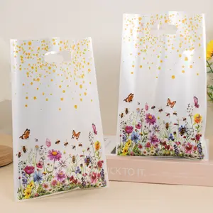 50pcs Wildflower Theme Plastic Gift Bags with Leaf and Flower Design, Nail Hole Handles, Perfect for Mother's Day, Weddings, Birthdays, Party Gift Packs